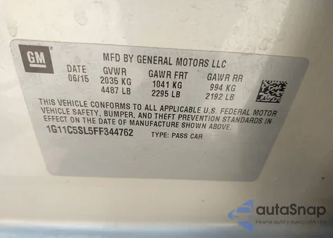 2015 Chevrolet Malibu 1Lt z USA, uszkodzony, nr VIN 1G11C5SL5FF344762